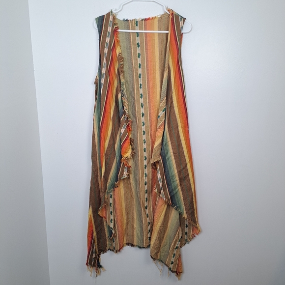 L&B Multicolor Striped Long Boho Western Rodeo Shawl Sleeveless Cardigan Size XL - Picture 2 of 6